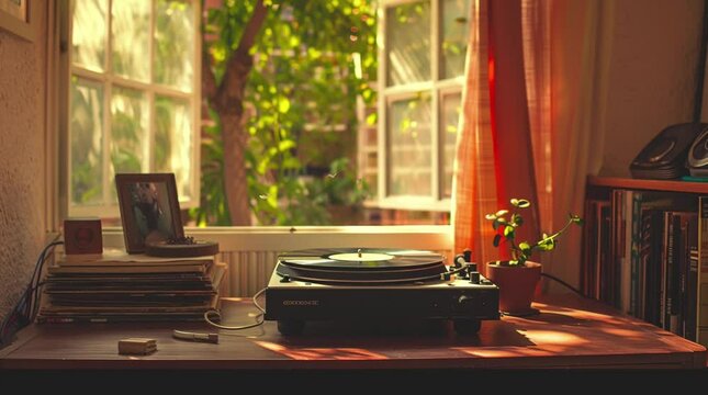 Vintage vinyl record player by a window with soft sunlight rays streaming through
 Seamless looping 4k time-lapse virtual video animation Generated AI