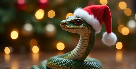 Snakes in Christmas hat on Christmas background with bokeh. New Year card 2025