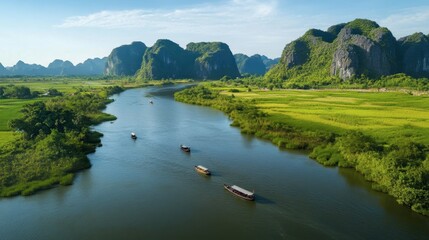 Fototapeta premium scenic view of Ninh Binh karst mountains rising from the lush green landscape, with boats paddling through the waterways.