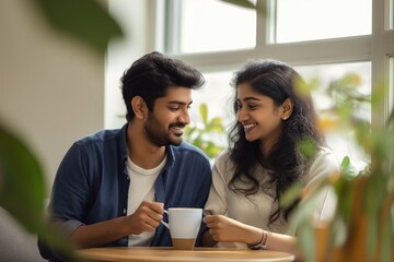 Obraz premium Indian couple having coffee at home. Man and woman seated at table, smiling, conversing. Blue shirt, white shirt, natural light, plant, vase, greenery, decoration.