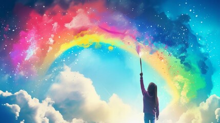 A girl reaches up, painting a stunning rainbow against a night sky filled with stars. The ethereal scene combines the magic of the cosmos with vibrant colors, evoking wonder and limitless