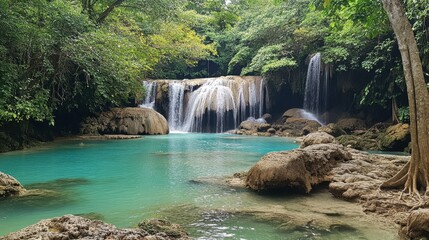 A scenic view of the Erawan Waterfalls in Kanchanaburi, with clear turquoise pools and cascading tiers.