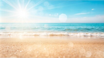 A sunny beach scene with sparkling waves, hot sand, and a clear blue sky, perfect for a tropical summer getaway.