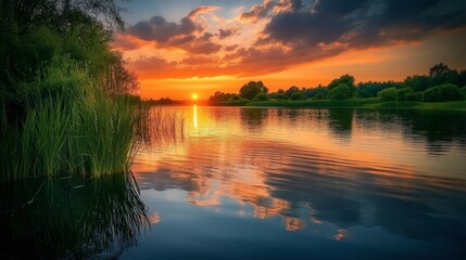 A serene lake scene at sunset, with the sky reflecting orange hues onto the water surface, creating a peaceful mood.