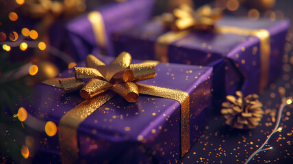 Close-up of Luxury Festive Purple Gift with Gold Bow