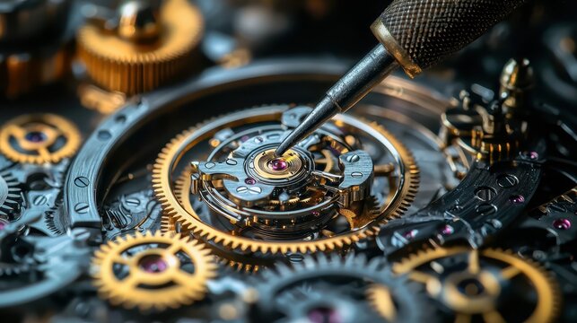 Close-up of intricate watch mechanism with gears and screws being adjusted by a tool, showcasing precision engineering and craftsmanship.