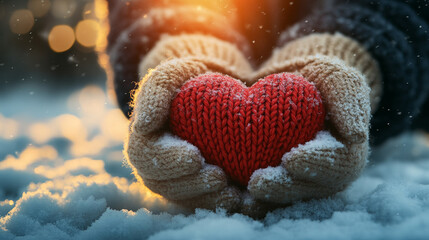 pair of hands holds a knitted red heart against a snowy backdrop, symbolizing warmth and love amidst the cold, inviting feelings of compassion, connection, and comfort during winter