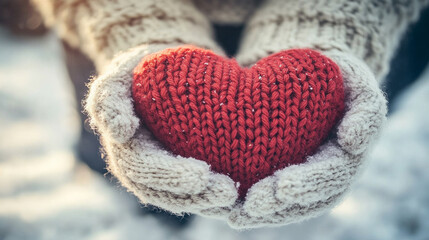 pair of hands holds a knitted red heart against a snowy backdrop, symbolizing warmth and love amidst the cold, inviting feelings of compassion, connection, and comfort during winter
