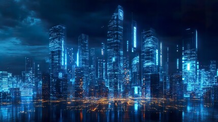 A futuristic smart city skyline illuminated by glowing data streams, symbolizing business connections and digital technology 32k,