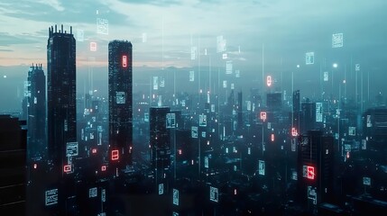 Obraz premium A futuristic urban landscape with floating digital icons representing business partnerships, investment, and technology