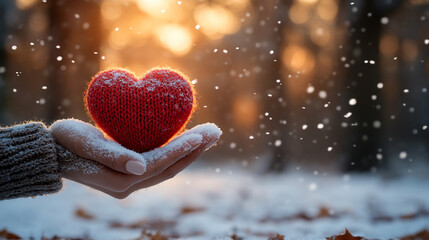 pair of hands holds a knitted red heart against a snowy backdrop, symbolizing warmth and love amidst the cold, inviting feelings of compassion, connection, and comfort during winter