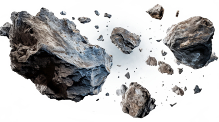 A dynamic cluster of meteorites ablaze, set against a clear backdrop. Perfect for science fiction and cosmic-themed designs.