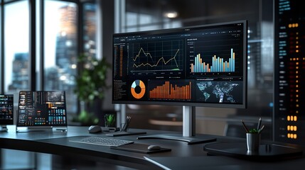 A modern digital workspace showcasing data analysis charts and graphs on a sleek monitor, surrounded by digital marketing tools and analytics reports 32k,