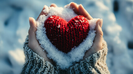 pair of hands holds a knitted red heart against a snowy backdrop, symbolizing warmth and love amidst the cold, inviting feelings of compassion, connection, and comfort during winter