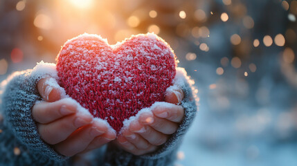pair of hands holds a knitted red heart against a snowy backdrop, symbolizing warmth and love amidst the cold, inviting feelings of compassion, connection, and comfort during winter