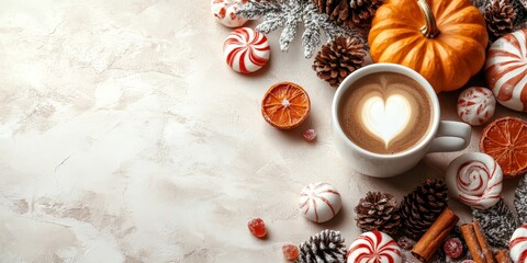 Cozy fall corner with pumpkins, sweaters, and hot chocolate on rustic wood
