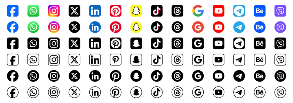 social media icon set or social network logos , facebook, instagram, threads, x, youtube, whatsapp, telegram, snapchat, tiktok, snapchat, pinterest, google, viber, behance, flat vector icon