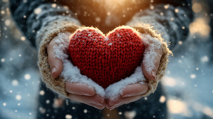 pair of hands holds a knitted red heart against a snowy backdrop, symbolizing warmth and love amidst the cold, inviting feelings of compassion, connection, and comfort during winter