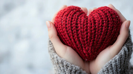 pair of hands holds a knitted red heart against a snowy backdrop, symbolizing warmth and love amidst the cold, inviting feelings of compassion, connection, and comfort during winter