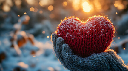 pair of hands holds a knitted red heart against a snowy backdrop, symbolizing warmth and love amidst the cold, inviting feelings of compassion, connection, and comfort during winter