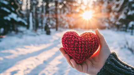 pair of hands holds a knitted red heart against a snowy backdrop, symbolizing warmth and love amidst the cold, inviting feelings of compassion, connection, and comfort during winter