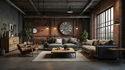Fototapeta premium Loft Industrial Style Living Room Interior 3D Render generative ai