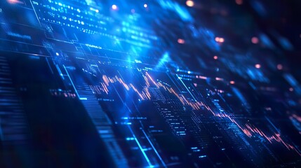 An abstract financial chart with a sleek growth curve and futuristic interface elements, all against a deep blue digital background 32k,