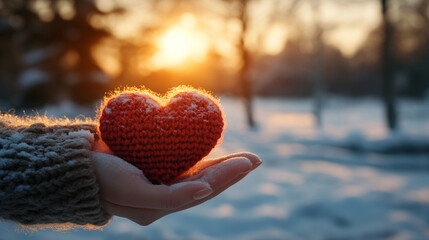 pair of hands holds a knitted red heart against a snowy backdrop, symbolizing warmth and love amidst the cold, inviting feelings of compassion, connection, and comfort during winter