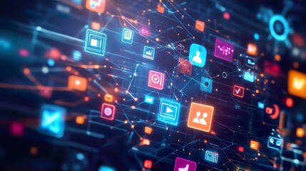 An abstract representation of digital marketing strategies, featuring interconnected social media icons and data flow patterns against a futuristic backdrop 32k,