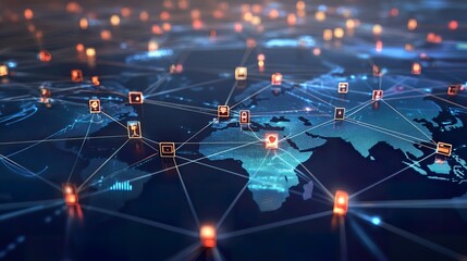 An abstract representation of global outsourcing with interconnected nodes symbolizing customer connections and social networks, highlighting a seamless flow of information and collaboration 32k,