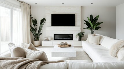 A modern living room with a white sectional sofa, a fireplace, and large windows. The room is decorated in a minimalist style, with white walls, furniture, and floors