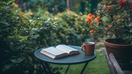 A small patio table with a cup of coffee and a book, overlooking a lush garden.