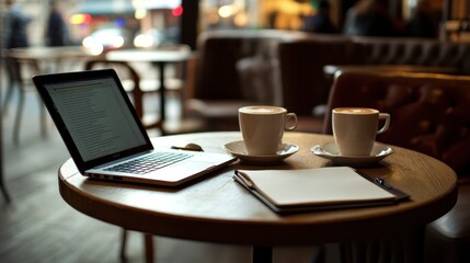 Fototapeta premium A small round table in a caf , with two cups of coffee, a laptop, and an open notebook, ready for a work session.