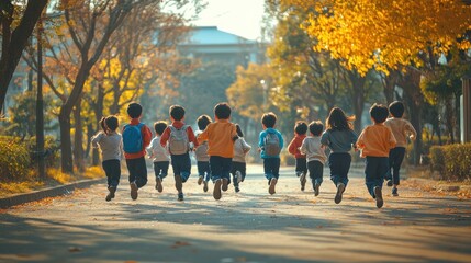 Obraz premium A group of children are running down a street, some of them wearing backpacks