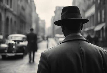 Noir movie back view of noir male detective on street, black and white, retro movie concept