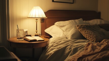 A small side table next to a bed, holding a lamp, a book, and a glass of water in a cozy bedroom setting.