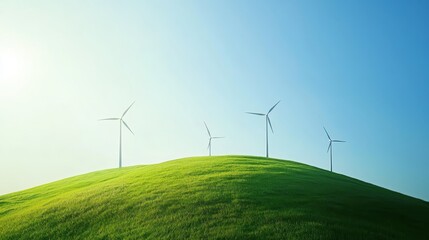 Wind turbines on a green hill under a clear sky, symbolizing renewable energy and sustainable power generation.