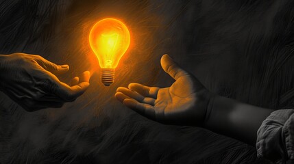 An illustration showing two hands passing a glowing light bulb, symbolizing the exchange of ideas and innovation. The contrast of dark background and warm light emphasizes creativity and inspiration.