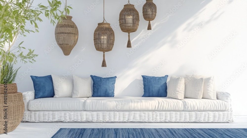 Aufkleber a modern indoor space showcases a white wicker sofa adorned with blue and cream pillows. hanging wov