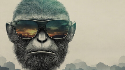 A close-up of a monkey's face wearing sunglasses that reflect a vibrant sunset.