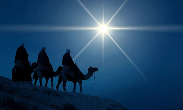 Three Wise Men following the Star of Bethlehem with camels at night
