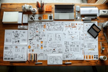 A table with a laptop, a stack of papers, and a variety of art supplies