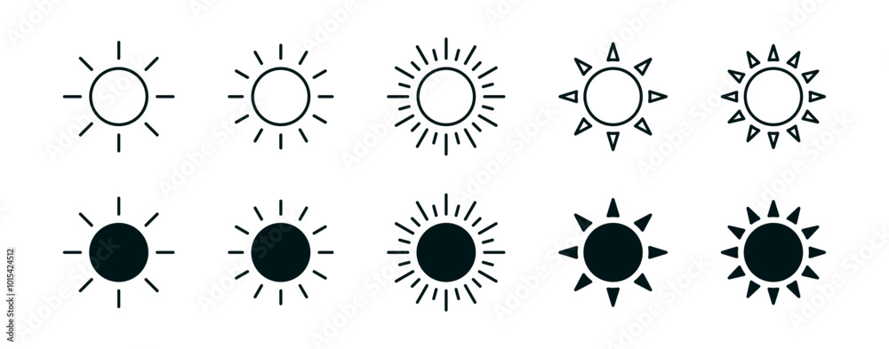 Poster Sun icon set, vector sun symbol icons collection , sunshine symbol , light mode icons - Screen brightness and contrast level signs and symbols for app user interface and web elements