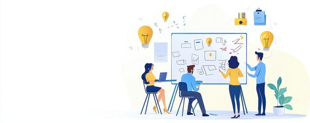 Team collaborating on a project in a modern office setting, brainstorming ideas with a whiteboard and laptops.