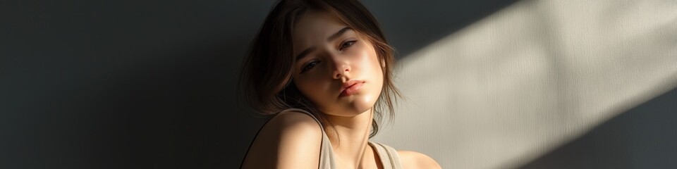 Obraz premium A woman with long hair is sitting in front of a wall. She is looking at the camera with a serious expression