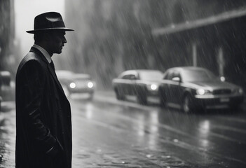 Noir movie gangster male in suit and hat standing under the rain