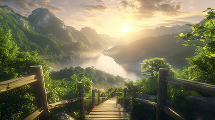 Fototapeta premium a scenic landscape with a wooden pathway leading towards a viewpoint overlooking a lake surrounded by lush green hills and mountains