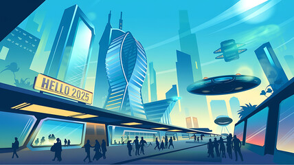 Fototapeta premium Futuristic city skyline with flying vehicles and people walking, blue and yellow, modern technology concept for future and innovation. 