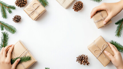 Obraz premium Hands carefully wrapping Christmas gifts with eco-friendly paper and twine, symbolizing sustainability, mindfulness, and conscious gifting. The warm atmosphere reflects holiday spirit and environmenta