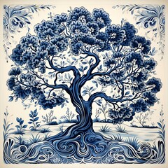 tree of life with vintage blue